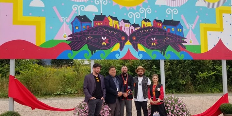 [Left to Right] Author Douglas Walbourne-Gough, Corner Brook Mayor Jim Parson, Artist Marcus Gosse, Artist Jordan Bennett, and Former Resident of Crow Gulch Margie Benoit Wheeler