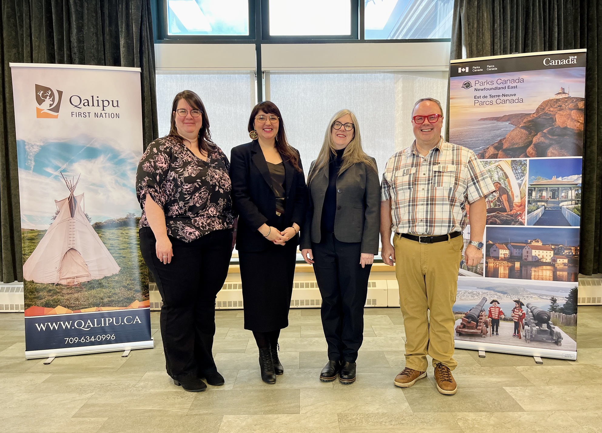 (L-R) Siân French - Field Unit Superintendent, Newfoundland East Field Unit, Chief Jenny Brake – Qalipu First Nation, Michaela Kent – Executive Director, Atlantic, Geoff Hancock - Field Unit Superintendent, Western Newfoundland and Labrador Field Unit