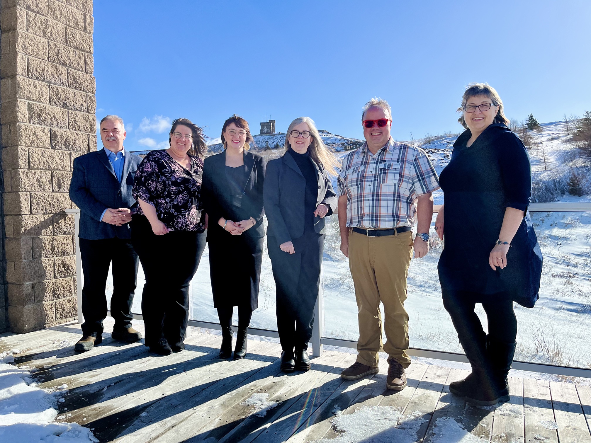 (L-R) Charles Pender – Band Manager, Qalipu First Nation, Siân French - Field Unit Superintendent, Newfoundland East Field Unit, Chief Jenny Brake- Qalipu First Nation, Michaela Kent – Executive Director, Atlantic, Geoff Hancock - Field Unit Superintendent, Western Newfoundland and Labrador Field Unit, Lois Luke – External Relations Manager, Western Newfoundland and Labrador Field Unit