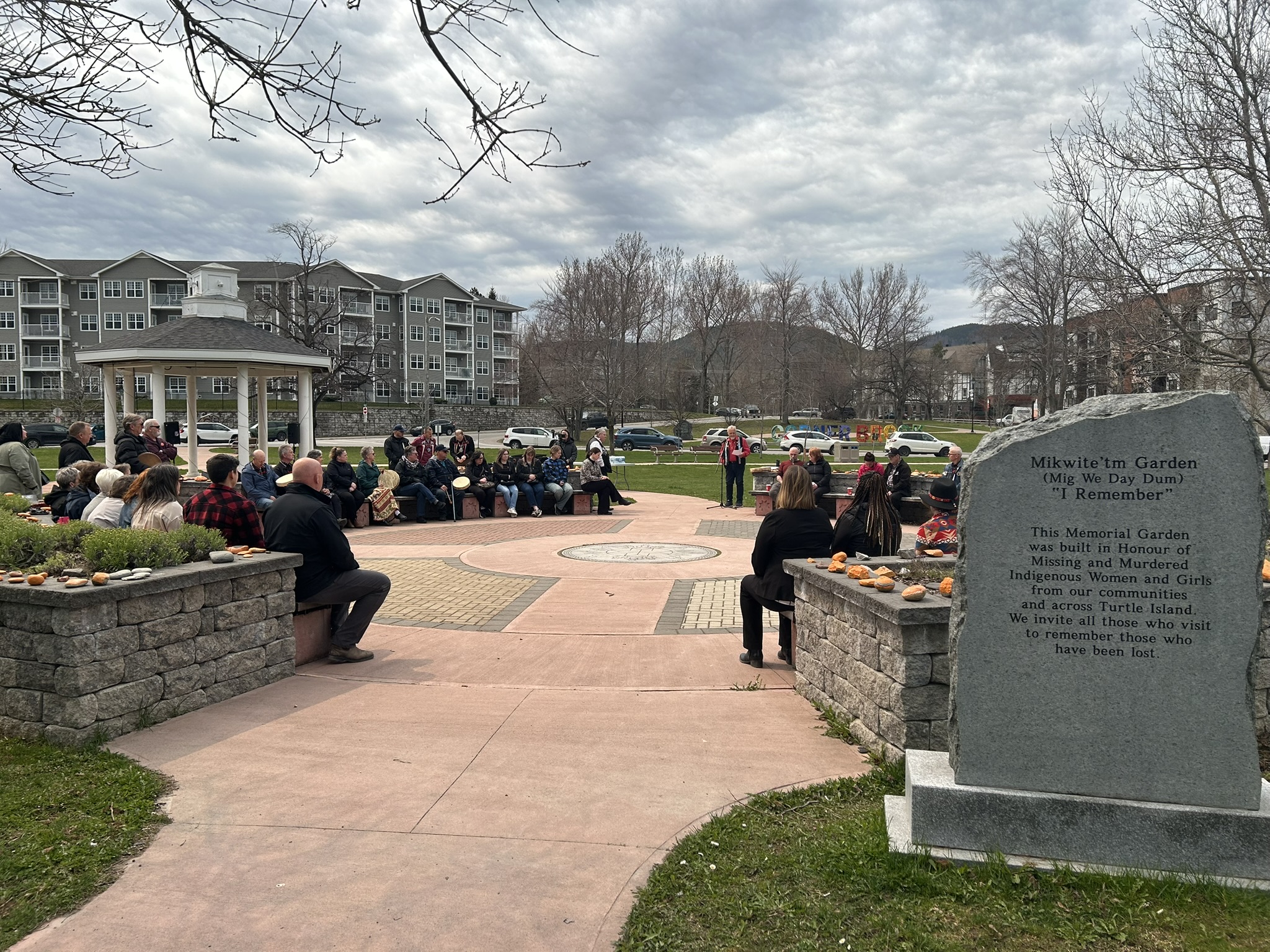Gathering at the Mikwite’tm Garden to start the Moose Hide Campaign Day Event with MC Keith Cormier bringing greetings.