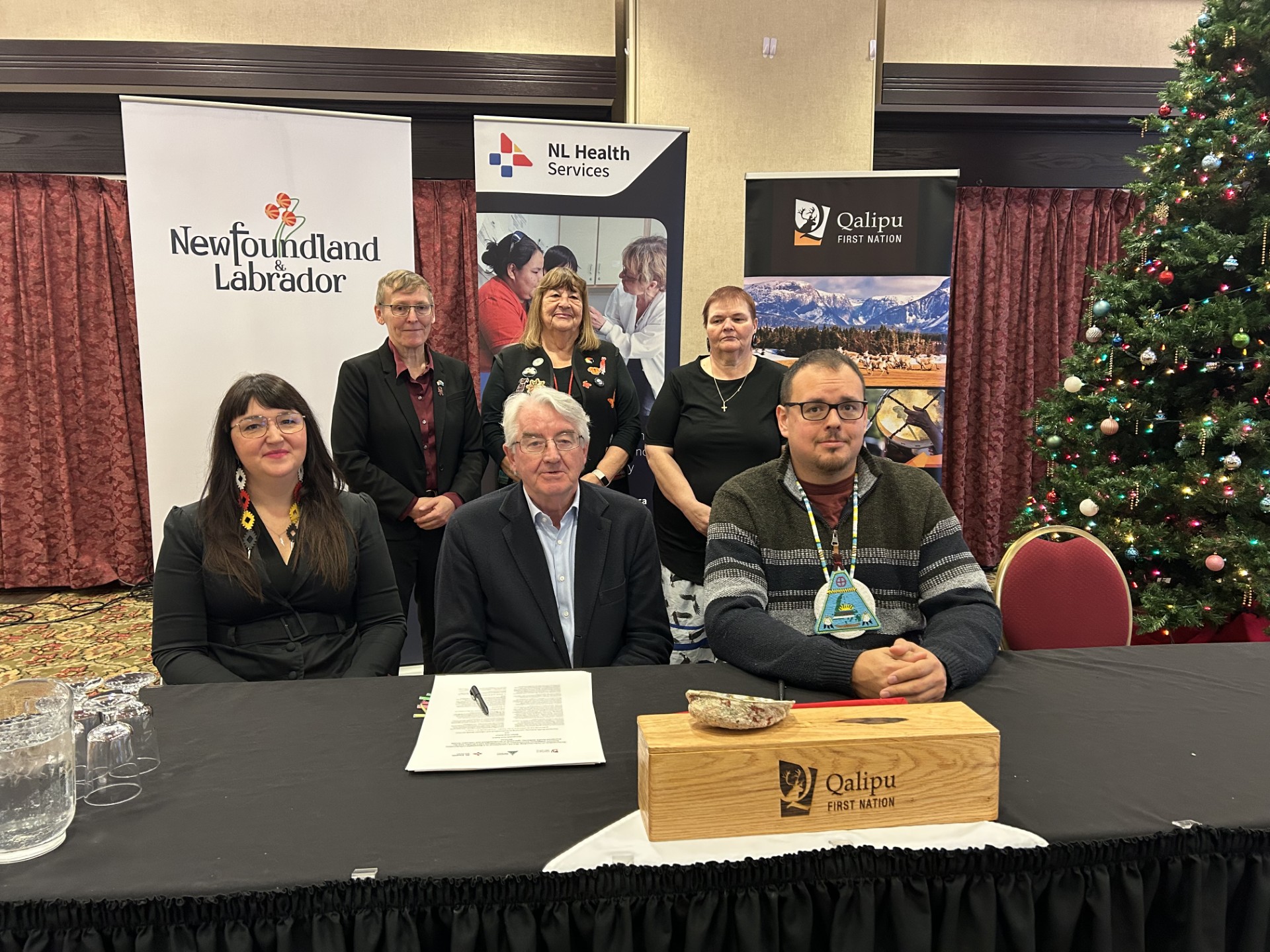 Front L-R – Chief Jenny Brake, Qalipu First Nation; Dr. Pat Parfrey, CEO, NL Health Services; and Chief Brad Benoit, Miawpukek First Nation. Back L-R – The Honourable Lela Evans, Minister of Health and Community Services and Minister of Indigenous Relations and Reconciliation; Odelle Pike, Elder – Qalipu First Nation; and Mary Stride, Elder – Miawpukek First Nation.